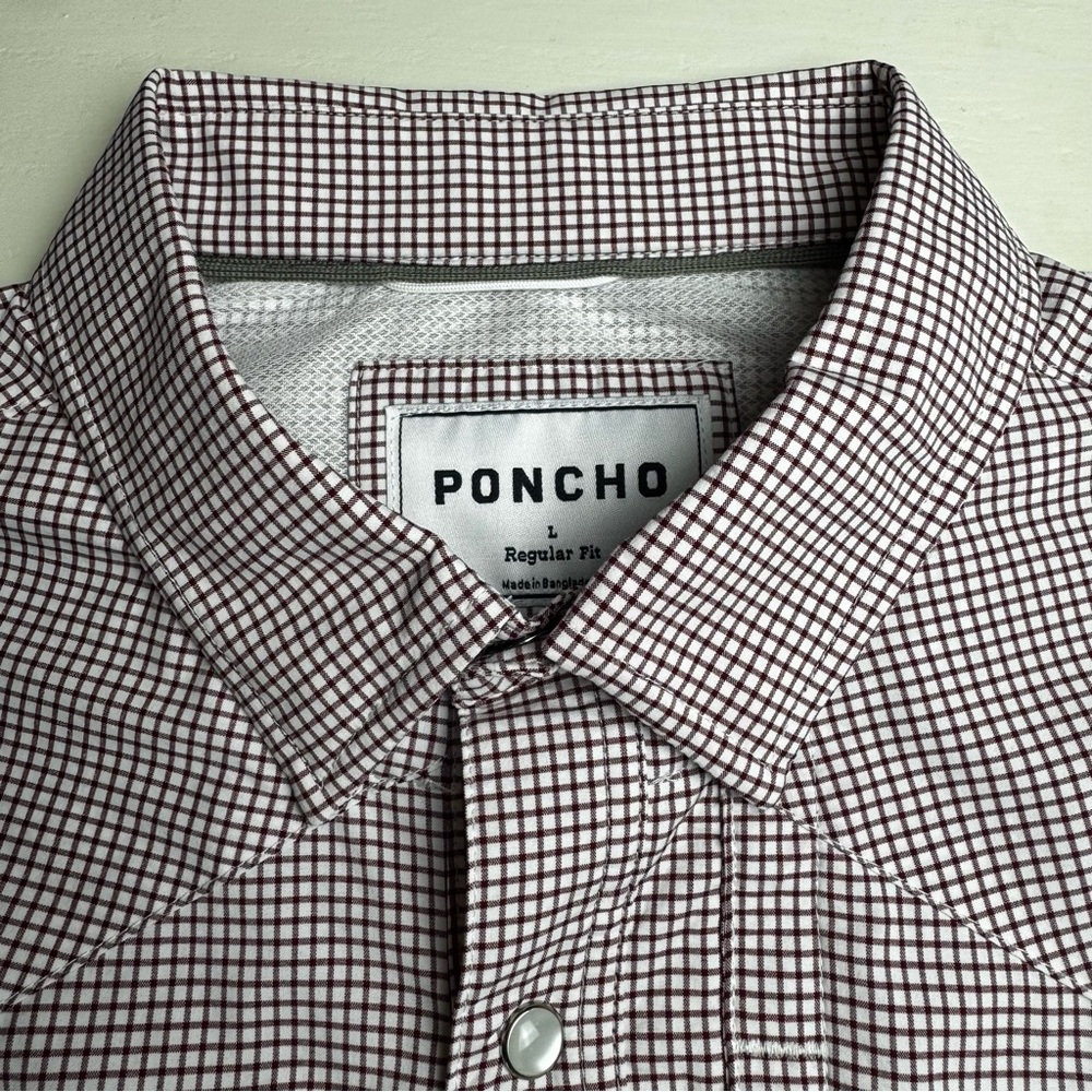 PONCHO Men's Long-Sleeve Pearl Snap Shirt in Maroon Microcheck - Picture 3 of 12